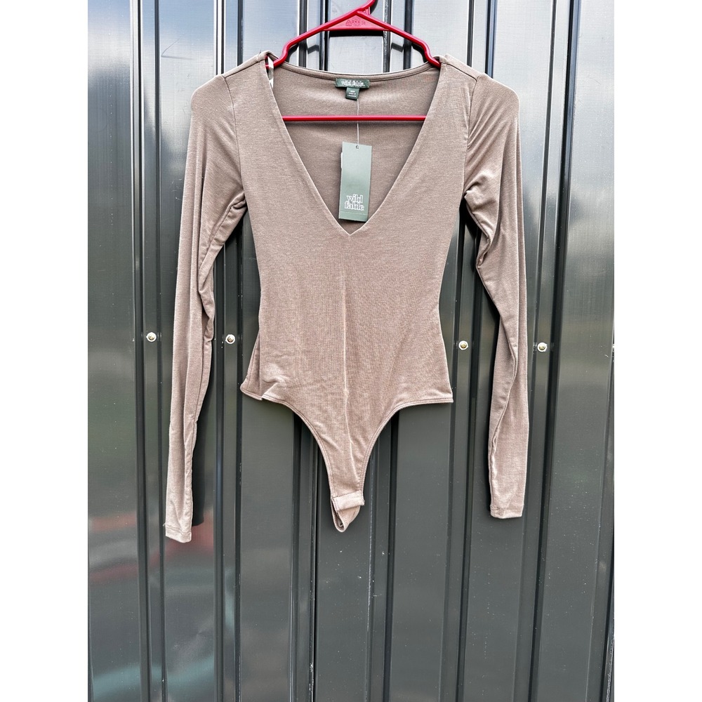 Wild Fable Womens Long Sleeve Deep V-Neck Bodysuit Taupe Brown XXS NWT Snag